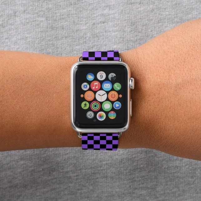Cute checked tiled pattern black gray purple apple watch band (In Situ)
