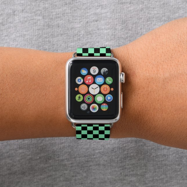 Cute checked tiled pattern black green apple watch band (In Situ)
