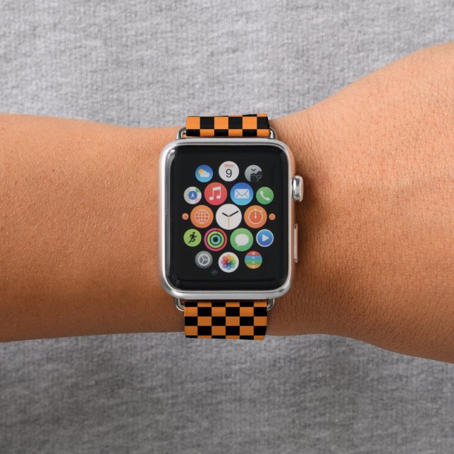 Cute checked tiled pattern black orange apple watch band (In Situ)