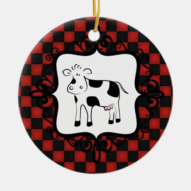 Cute Checkerboard Cow Whimsical Animal Ceramic Ornament (Front)