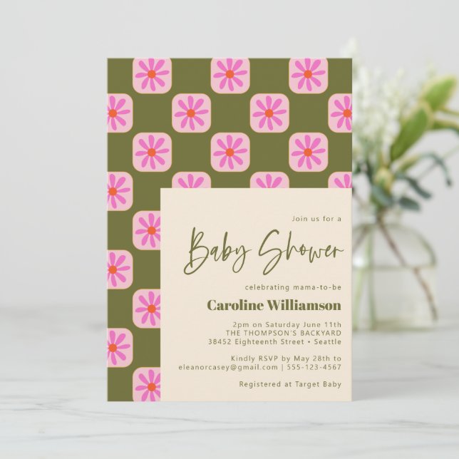 Cute Checkerboard Flower Green Pink Baby Shower Invitation (Standing Front)