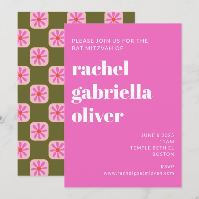 Cute Checkerboard Flower Green Pink Bat Mitzvah Invitation (Front/Back)