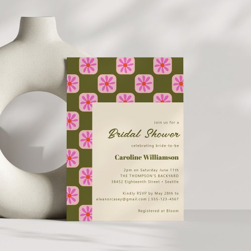 Cute Checkerboard Flower Green Pink Bridal Shower Invitation