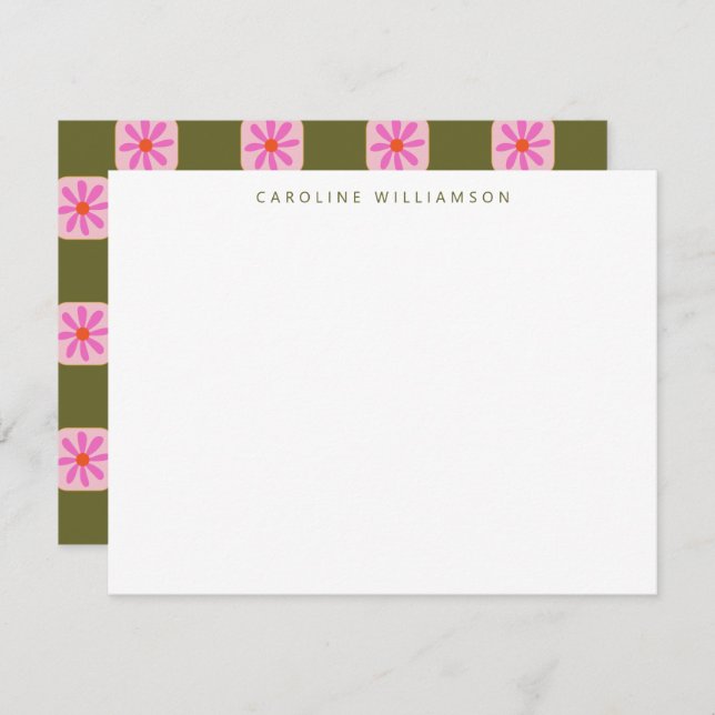 Cute Checkerboard Flower Green Pink Personalized  Note Card (Front/Back)