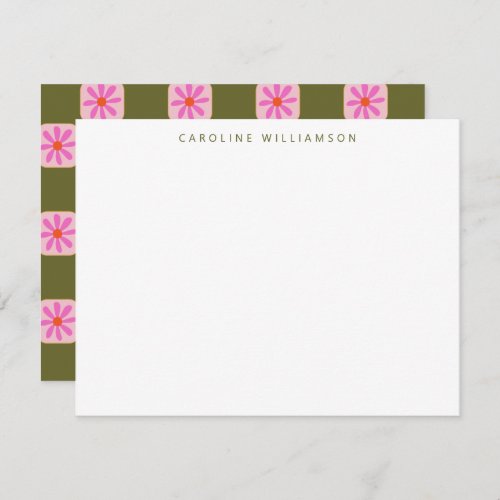 Cute Checkerboard Flower Green Pink Personalized  Note Card