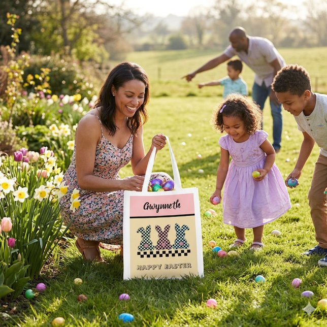 Cute Checkerboard Pastel Easter Bunnies with Name  Grocery Bag (Creator Uploaded)