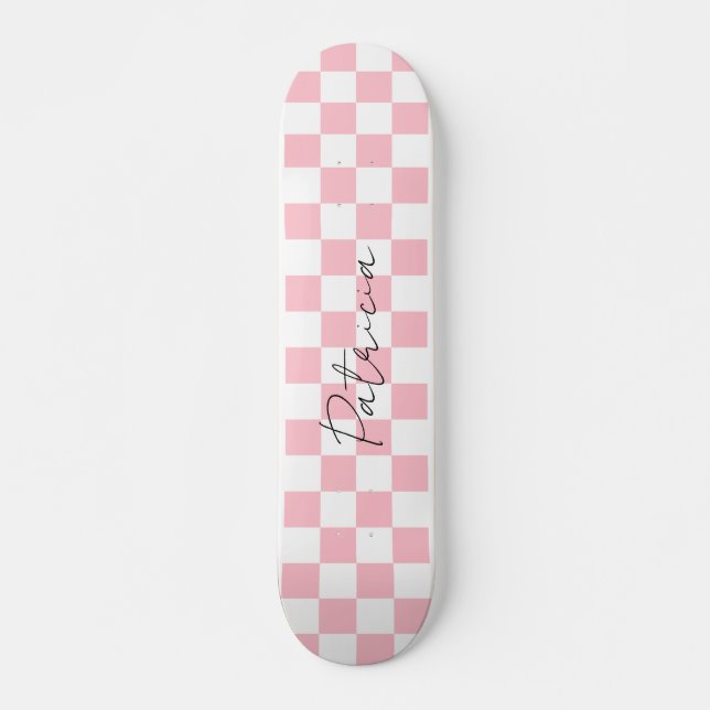Cute Checkerboard Pattern Pink Skateboard (Front)
