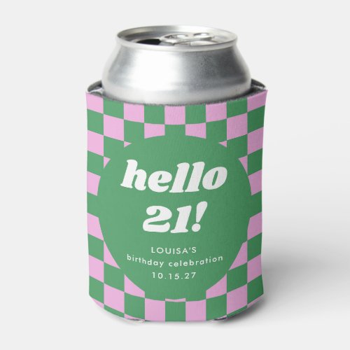 Cute Checkerboard Pink Green 21st Birthday Custom Can Cooler