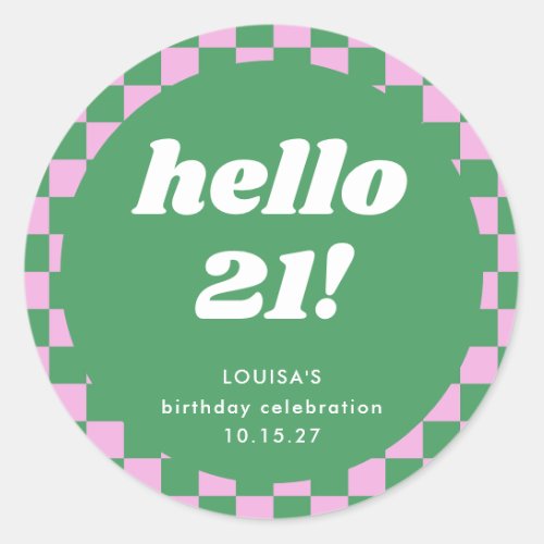Cute Checkerboard Pink Green 21st Birthday Custom Classic Round Sticker