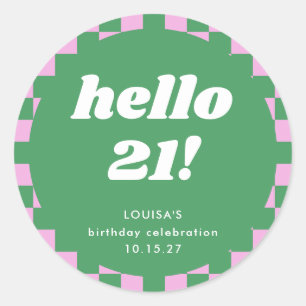Cute Checkerboard Pink Green 21st Birthday Custom Classic Round Sticker