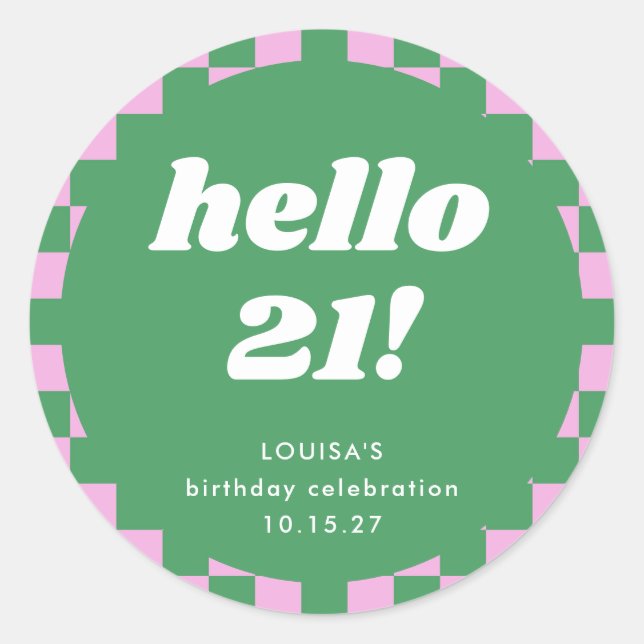 Cute Checkerboard Pink Green 21st Birthday Custom Classic Round Sticker (Front)