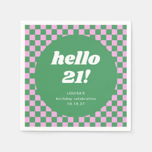 Cute Checkerboard Pink Green 21st Birthday Custom Napkins