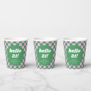 Cute Checkerboard Pink Green 21st Birthday Custom Paper Cups