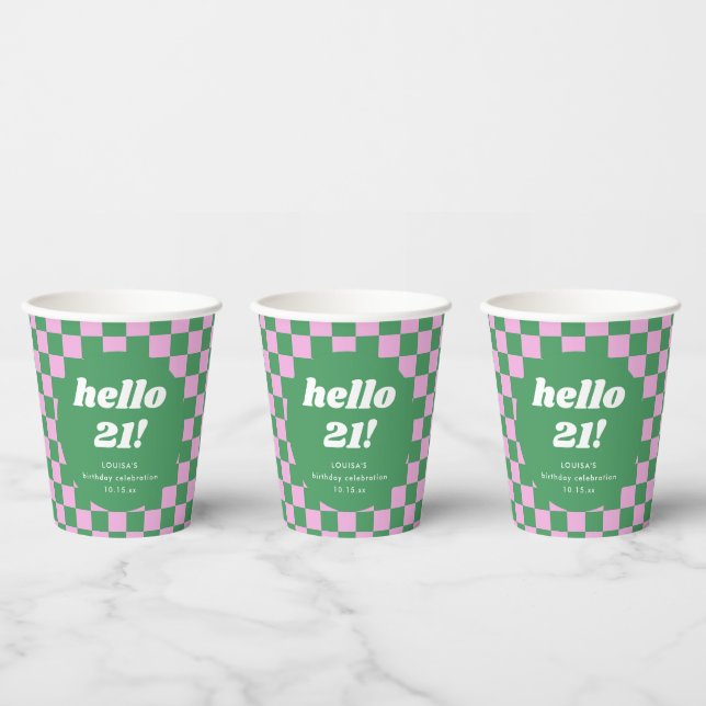 Cute Checkerboard Pink Green 21st Birthday Custom Paper Cups (Multi)