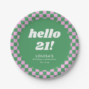 Cute Checkerboard Pink Green 21st Birthday Custom Paper Plates