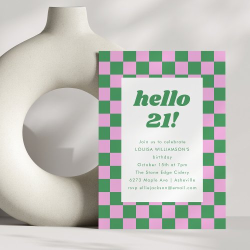 Cute Checkerboard Pink Green 21st Birthday Party Invitation