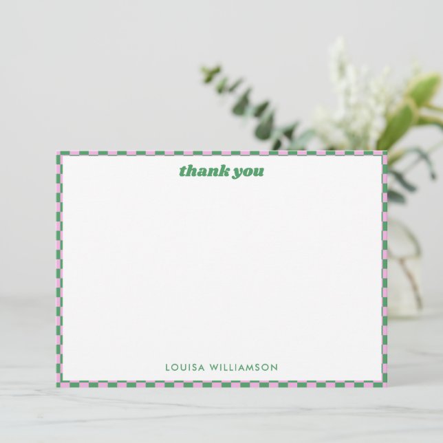 Cute Checkerboard Pink Green 21st Birthday Party Thank You Card (Standing Front)