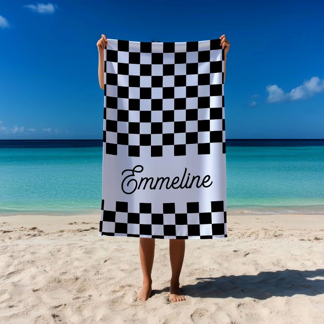 Cute Checkered Black and White Custom Name Beach Towel (Creator Uploaded)