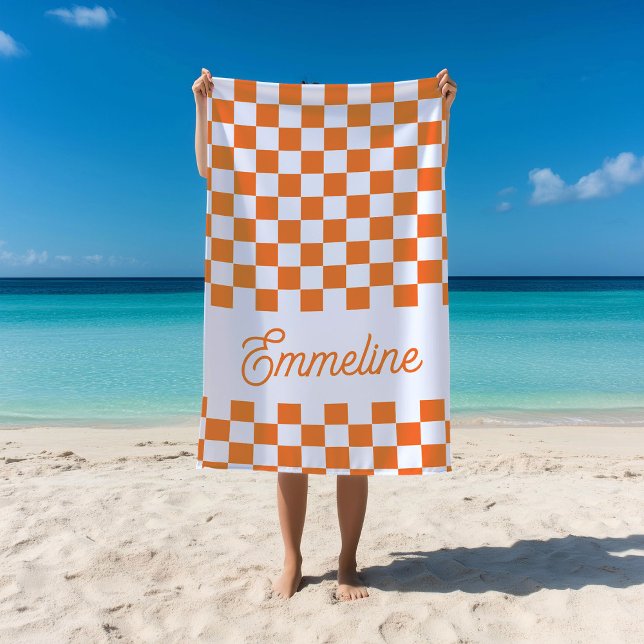 Cute Checkered Custom Name Orange Summer Pool Beach Towel (Creator Uploaded)