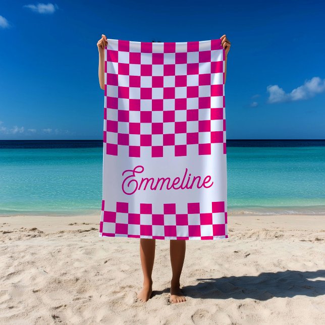 Cute Checkered Custom Name Pink Summer Pool Beach Towel (Creator Uploaded)