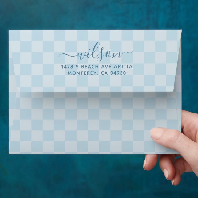 Cute Checkered Dusty Blue Script font Envelope (Hand)