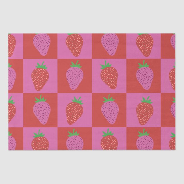 Cute Checkered Pink and Red Strawberries Pattern  Tissue Paper (Front)