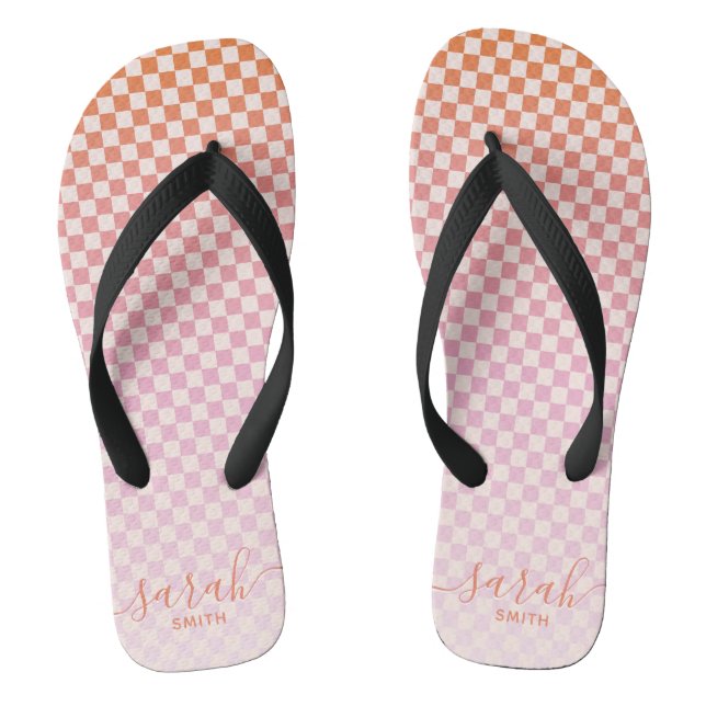 Cute Checkered Pink Orange Summer Flip Flops (Footbed)