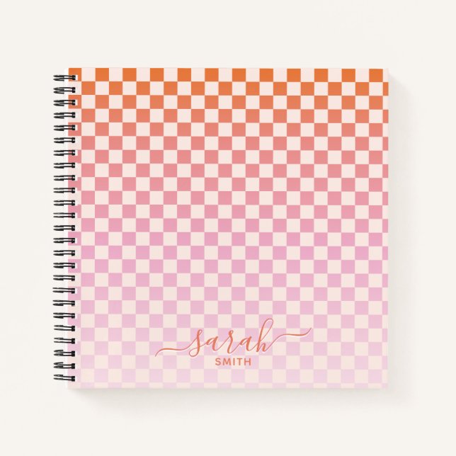 Cute Checkered Pink Orange Summer Vacation Notebook (Front)