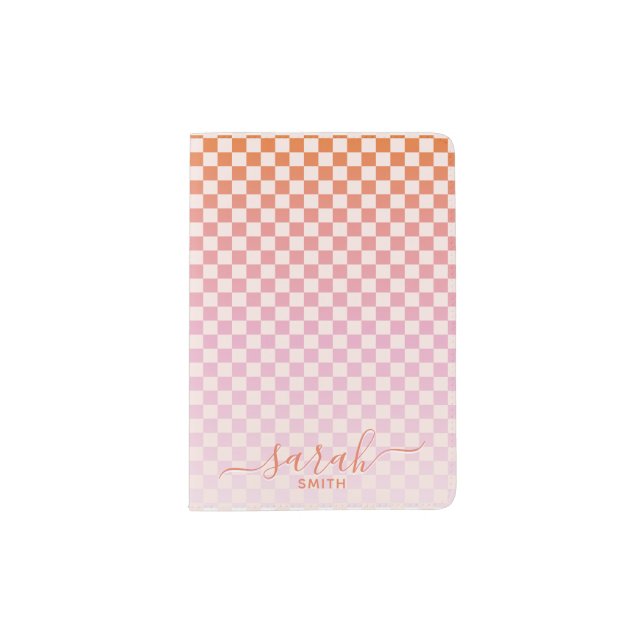 Cute Checkered Pink Orange Summer Vacation Passport Holder (Front)