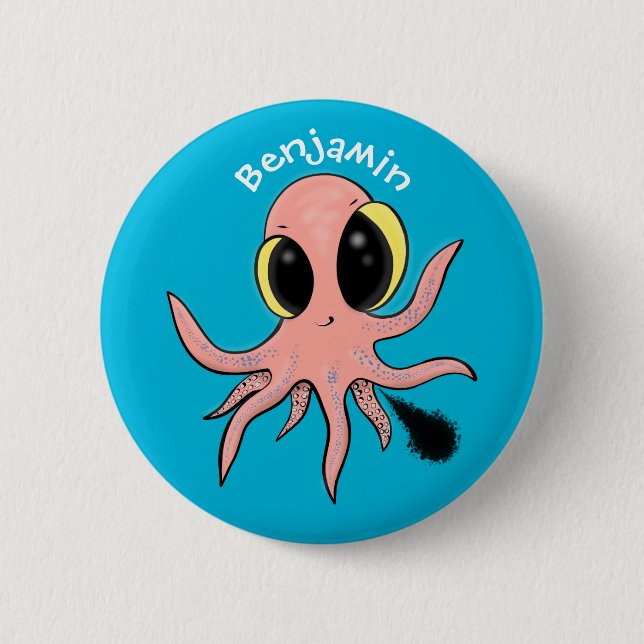 Cute, cheeky baby octopus cartoon button (Front)