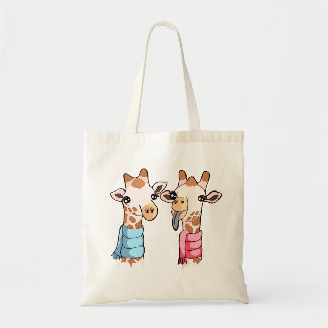 Cute Cheeky Giraffes in Scarves Drawing Tote Bag (Front)