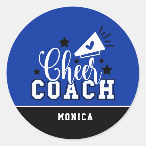 Cute Cheer Coach Personalized Blue and Black Classic Round Sticker