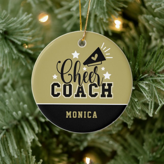 Cute Cheer Coach Personalized Gold and Black Ceramic Ornament (Tree)