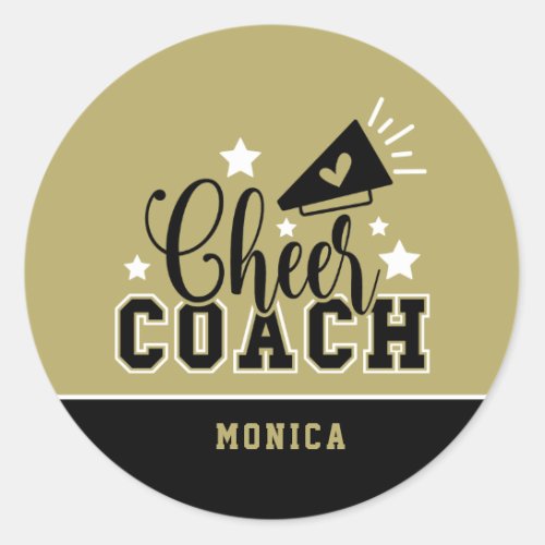 Cute Cheer Coach Personalized Gold and Black Classic Round Sticker