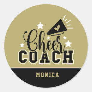 Cute Cheer Coach Personalized Gold and Black Classic Round Sticker
