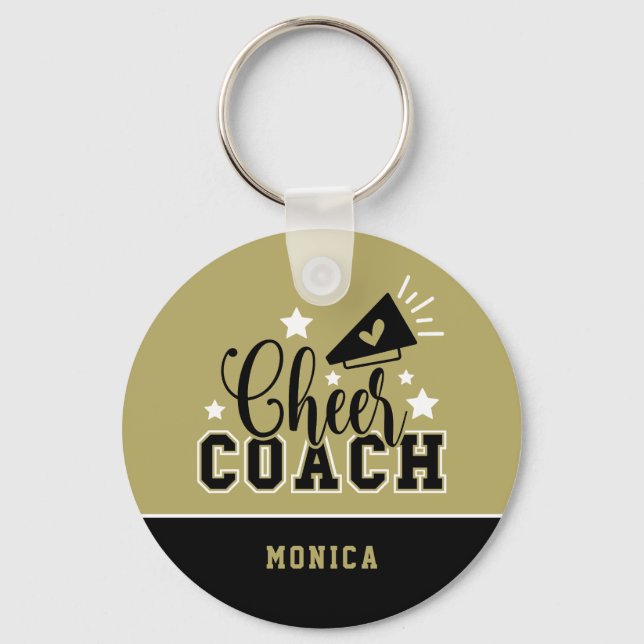 Cute Cheer Coach Personalized Gold and Black Keychain (Front)