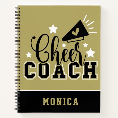 Cute Cheer Coach Personalized Gold and Black Notebook