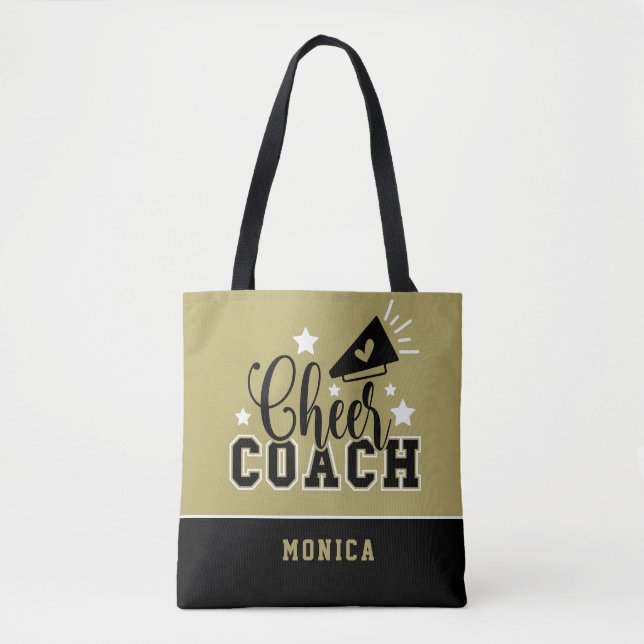 Cute Cheer Coach Personalized Gold and Black Tote Bag (Front)
