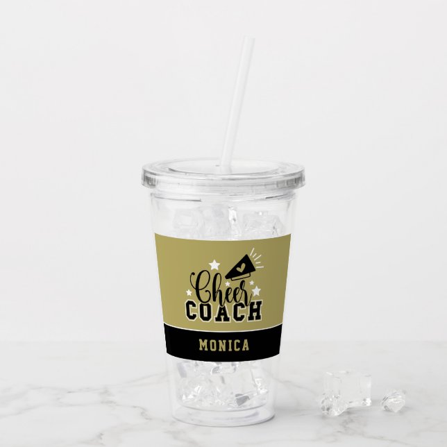 Cute Cheer Coach Personalized Gold & Black Acrylic Tumbler (Back Ice)