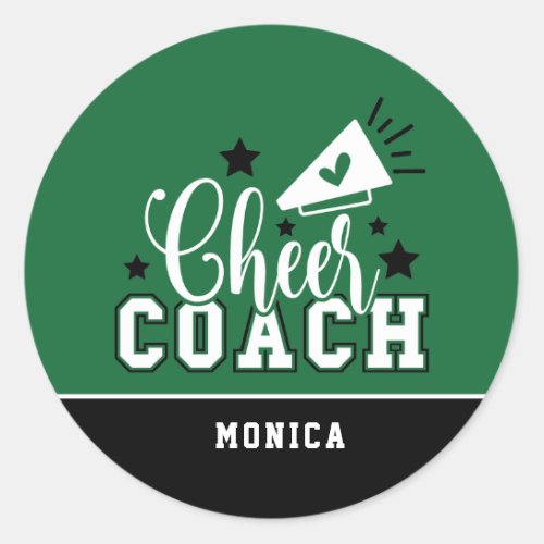Cute Cheer Coach Personalized Green and Black Classic Round Sticker
