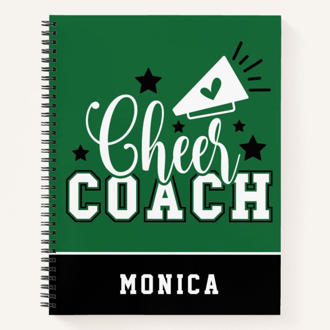 Cute Cheer Coach Personalized Green and Black Notebook (Front)
