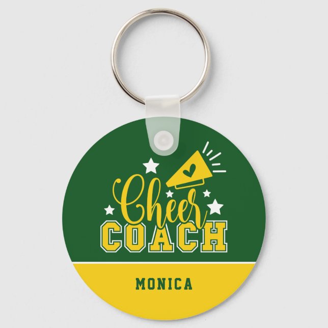 Cute Cheer Coach Personalized Kelly Green & Yellow Keychain (Front)