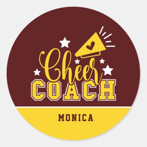 Cute Cheer Coach Personalized Maroon  Yellow Classic Round Sticker