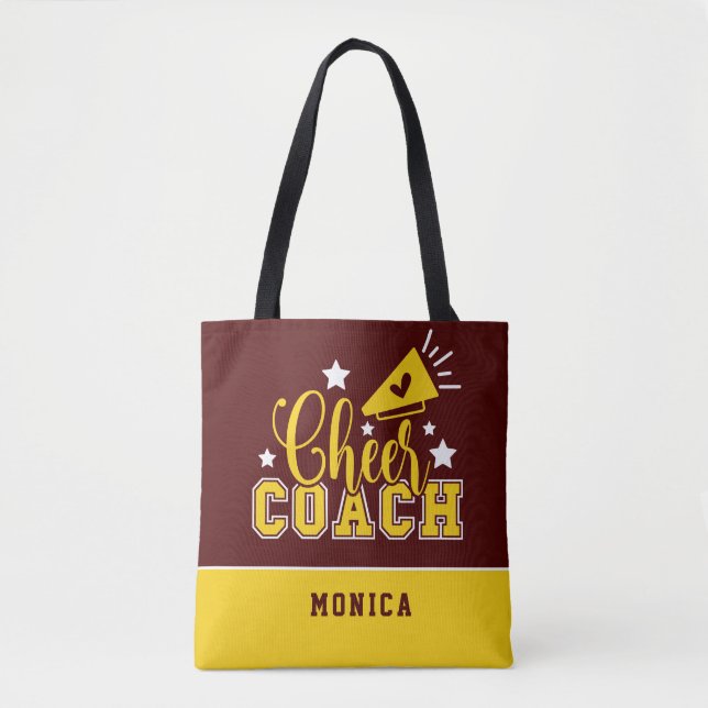 Cute Cheer Coach Personalized Maroon & Yellow Tote Bag (Front)