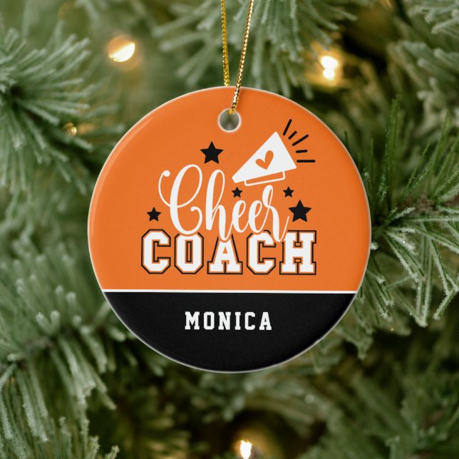 Cute Cheer Coach Personalized Orange and Black Ceramic Ornament (Tree)