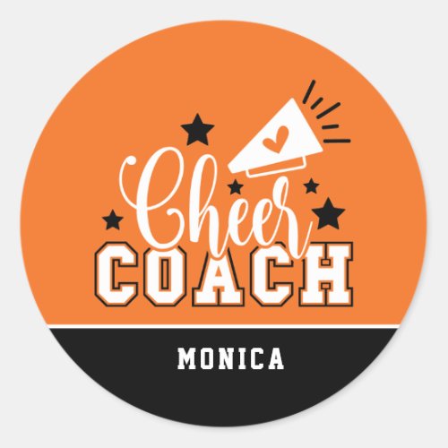 Cute Cheer Coach Personalized Orange and Black Classic Round Sticker