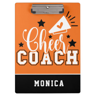 Cute Cheer Coach Personalized Orange and Black Clipboard