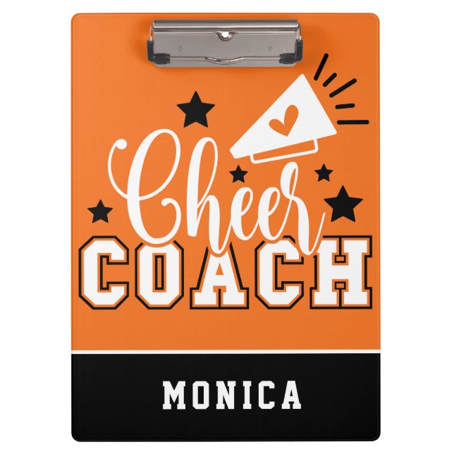 Cute Cheer Coach Personalized Orange and Black Clipboard (Front)