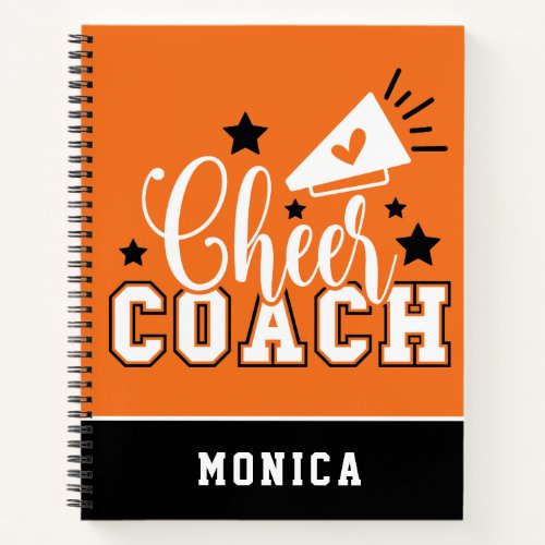Cute Cheer Coach Personalized Orange and Black Notebook