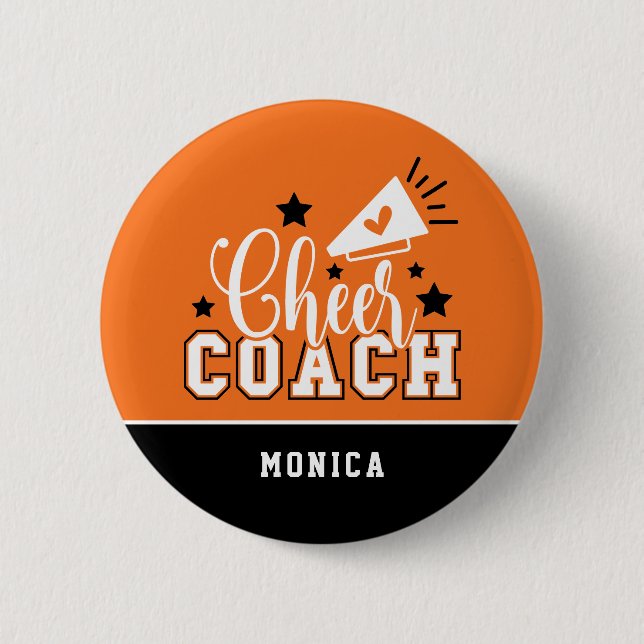 Cute Cheer Coach Personalized Orange & Black Button (Front)
